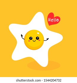 Star shaped fried egg with hand drawn heart and text "Hello" on yellow background. Cute cartoon character food icon vector. 