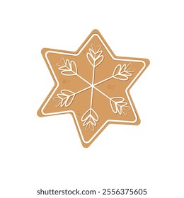 Star shaped Gingerbread Cookie with decorative icing. Traditional Christmas holiday cookies. Isolated a white background for card, postcard, cover. EPS 10