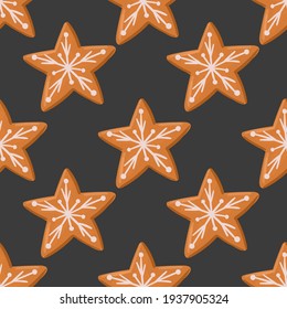Star shaped gingerbread cookie vector seamless pattern. Hand drawn Christmas dessert background