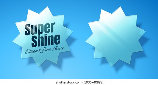 Star shaped glass design elements on blue background in 3d Illustration, super shine slogan for cleaning product