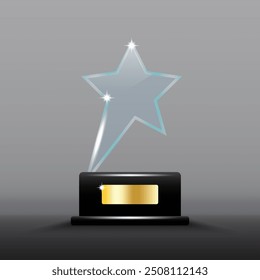 Star shaped glass trophy. Golden nameplate detail. Shining light reflections. Grey gradient background.