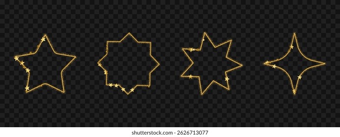 Bordas douradas em forma de estrela com textura brilhante. Vetor dourado em fundo escuro. Elementos decorativos quadro de luxo com brilho elegante.