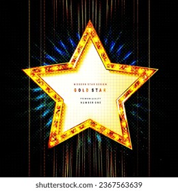 Star shaped gold frame with lighting bulbs, template in vintage style on transparent