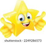 A star shaped happy emoticon cartoon face icon giving a thumbs up