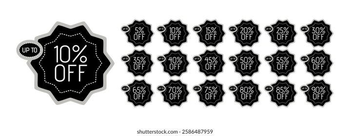 Star shaped labels, floral, with different discount percentages, dotted details. Up to 5, 10, 15, 20, 25, 30, 35, 40, 45, 50, 55, 60, 65, 70, 75, 80, 85, 90 percent off.