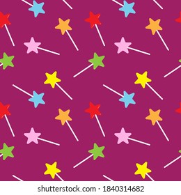 Plantilla de diseño de patrones sin soldadura de lollipop con forma de estrella sobre fondo de color púrpura. Ilustración de vectores de palo mágico colorido para navidad, año nuevo o fondo de halloween