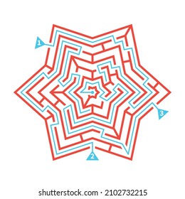 Esquema de laberinto con forma de estrella con tres vías de solución marcadas, ilustración vectorial plana