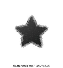 Star shaped piece of black denim with fabric fringe template, realistic vector illustration isolated on white background. Jeans cotton fabric or denim patch mockup.