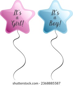 Star shaped pink and blue balloons with girl or boy text for gender reveal party isolated