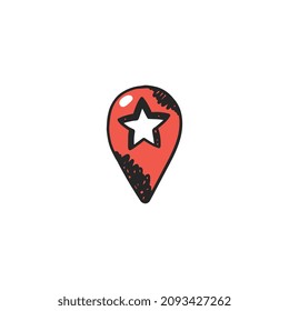 Star shaped red map pin vector icon, hand drawn sketch. Location marker drawing, isolated on white background.