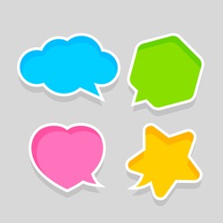 Star Shaped Speech Bubble Yellow, Heart Shaped Speech Bubble Pink, Hexagon Speech Bubble Green, Cloud Speech Bubble Blue, Geometry Balloon Colorful And Isolated On Grey For Copy Space, Vector