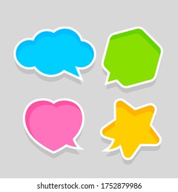 star shaped speech bubble yellow, heart shaped speech bubble pink, hexagon speech bubble green, cloud speech bubble blue, geometry balloon colorful and isolated on grey for copy space, vector
