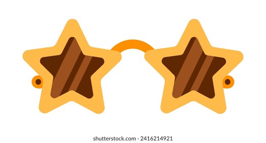 Star shaped sunglasses, vector icon. Colorful yellow glasses with reflections, 60s and 70s style. Trendy accessory for disco party, carnival. Funny plastic glasses for children. Flat cartoon clipart