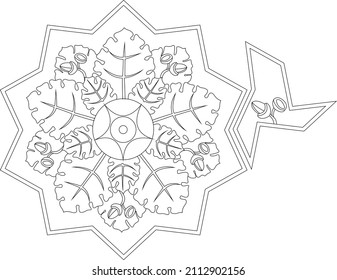 star shaped tile with a connecting element and a vegetal pattern on the inside in the form of oak leaves and acorns
