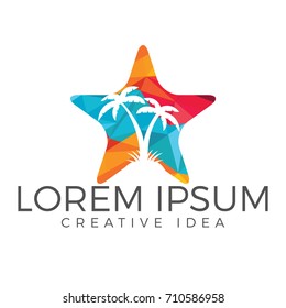 Star shaped tropical beach and palm tree logo design.