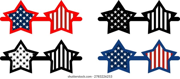 Star shaped USA flag glasses frames vector icons collection pack, American patriotic Independence Day novelty eyewear graphics set, Color and silhouette style party sunglasses isolated on white background
