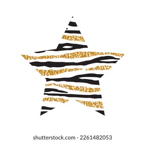 Star shaped zebra pattern with golden glitter ornaments, vector design for fashion and poster prints, sticker, bag, mug, hat, shiny, gold, gold glitter, gold sequins