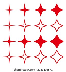 Star shapes collection. Silhouetes and outline red vour pointed stars. Simple design elements set. Vector illustration isolated on white.