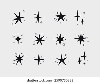 Star shapes with elements in doodle style drawing with black on white background