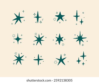 Star shapes with elements in doodle style drawing with green on beige background