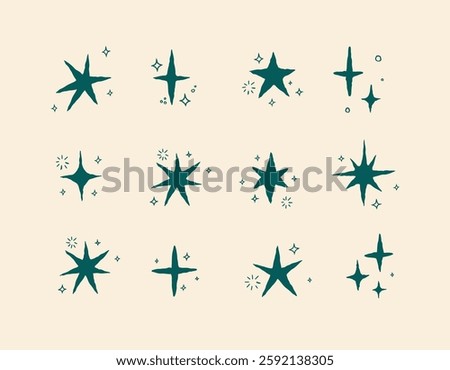 Star shapes with elements in doodle style drawing with green on beige background