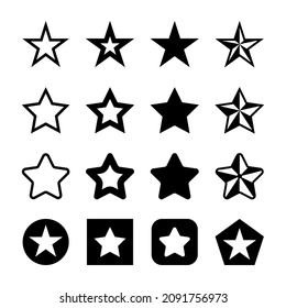 La estrella forma iconos planos. Colección de vectores. Ilustraciones de estrellas negras de diferentes estilos. Estrella formas con relleno, con trazo y en formas geométricas.