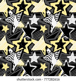 Star shapes graffiti seamless hand craft expressive ink hipster pattern.Funky style painted texture with different doodles for textile,wrapping,decoration, poster, textiles or t-shirt print design.
