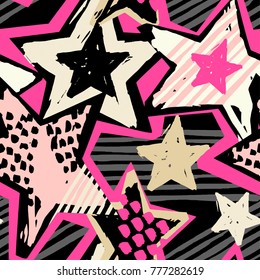 Star shapes graffiti seamless hand craft expressive ink hipster pattern.Funky style painted texture with different doodles for textile,wrapping,decoration, poster, textiles or t-shirt print design.
