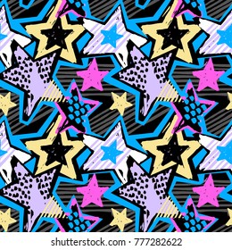 Star shapes graffiti seamless hand craft expressive ink hipster pattern.Funky style painted texture with different doodles for textile,wrapping,decoration, poster, textiles or t-shirt print design.
