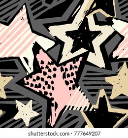 Star shapes graffiti seamless hand craft expressive ink hipster pattern.Funky style painted texture with different doodles for textile,wrapping,decoration, poster, textiles or t-shirt print design.