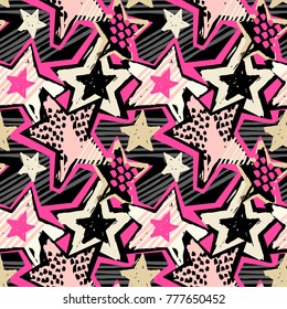 Star shapes graffiti seamless hand craft expressive ink hipster pattern.Funky style painted texture with different doodles for textile,wrapping,decoration, poster, textiles or t-shirt print design.
