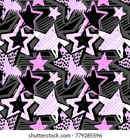 Star shapes graffiti seamless hand craft expressive ink hipster pattern.Funky style painted texture with different doodles for textile,wrapping,decoration, poster, textiles or t-shirt print design.
