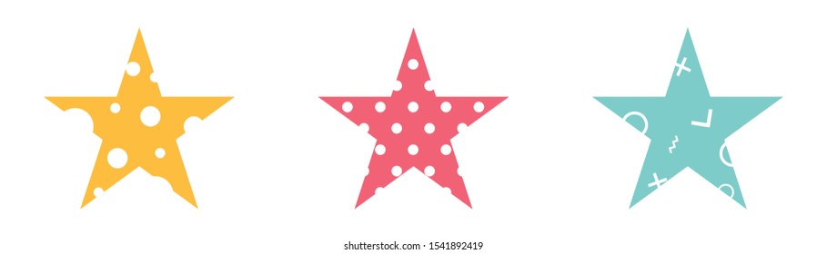 Star shapes with patterns inside - stripes, circles. Vintage 90s style. Star signs on white isolated background. Flat vector illustration