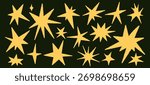 Star shapes set. Abstract random pencil and crayon drawing. Spiky geometric vector elements. Hand drawn rough edge sparkles set on black background.