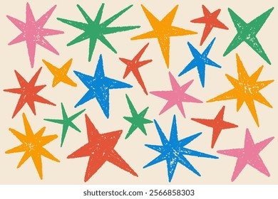 Star shapes set. Abstract random pencil and crayon kids drawing. Spiky geometric vector elements. Hand drawn rough edge sparkles set on pastel background