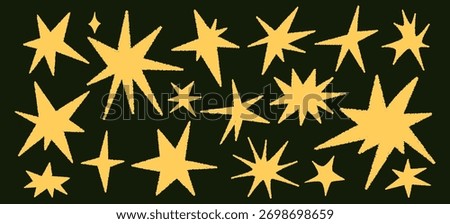 Star shapes set. Abstract random pencil and crayon drawing. Spiky geometric vector elements. Hand drawn rough edge sparkles set on black background.