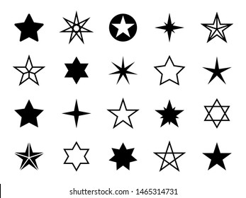 Star shapes set. Different stars shapes, christmas graphic. Rising, rating and success, vote symbols. Award, quality vector geometry cosmos black pictograms