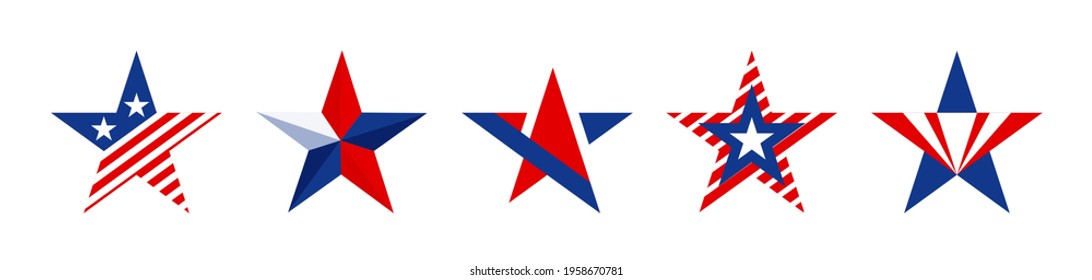 Star shapes set in red blue and white color for american design isolated on white background. Collection of patriotic logo, badge templates.