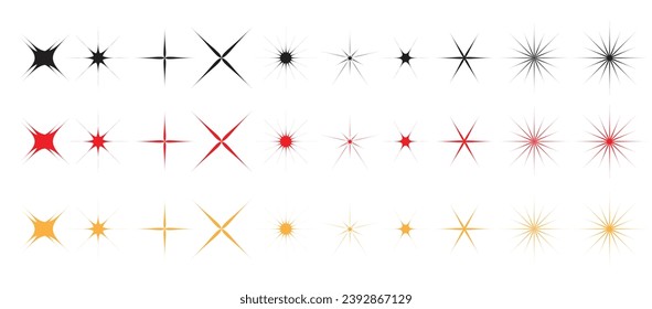 Colección vectorial de Star Shapes. Colocación de formas de las estrellas doradas rojas negras. Ilustración vectorial de Iconos Estelares. Estrellas simples y aisladas