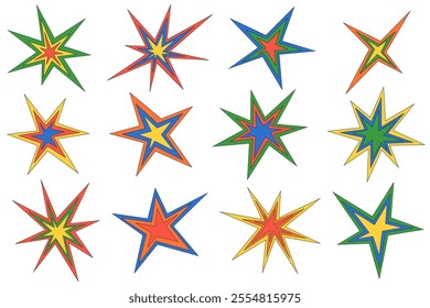 Star shapes vector icons. Abstract shiny irregular sparkles. Sharp burst graphic elements. Random Starlight twinkles figures. Geometric minimal cosmic symbols of explosion.