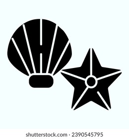 Star and shell solid icon. Black sea shell closeup and marine star illustration isolated on white. Starfish and scallop seashell glyph style design, designed for web and app. Eps 10