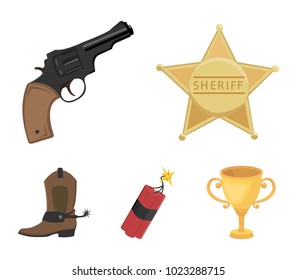 Star sheriff, Colt, dynamite, cowboy boot. Wild West set collection icons in cartoon style vector symbol stock illustration web.
