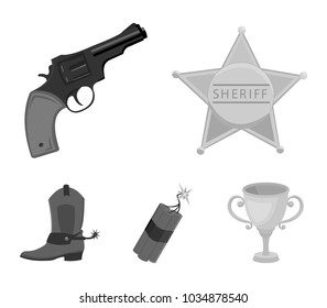 Star sheriff, Colt, dynamite, cowboy boot. Wild West set collection icons in monochrome style vector symbol stock illustration web.