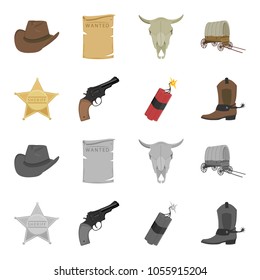 Star sheriff, Colt, dynamite, cowboy boot. Wild West set collection icons in cartoon,monochrome style vector symbol stock illustration web.