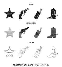 Star sheriff, Colt, dynamite, cowboy boot. Wild West set collection icons in black,monochrome,outline style vector symbol stock illustration web.