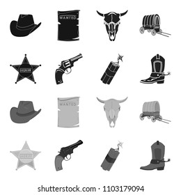 Star sheriff, Colt, dynamite, cowboy boot. Wild West set collection icons in black,monochrome style vector symbol stock illustration web.