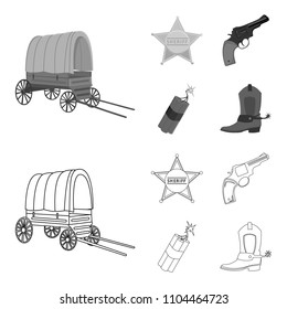 Star sheriff, Colt, dynamite, cowboy boot. Wild West set collection icons in outline,monochrome style vector symbol stock illustration web.