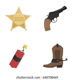 Star sheriff, Colt, dynamite, cowboy boot. Wild West set collection icons in cartoon style vector symbol stock illustration web.