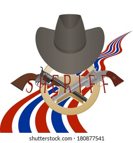 Star sheriff hat and small arms. Illustration on white background.