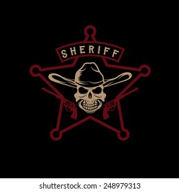 star of sheriff with skull in hat and guns